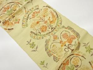 手織り紬丸文に孔雀・花々模様織出し名古屋帯